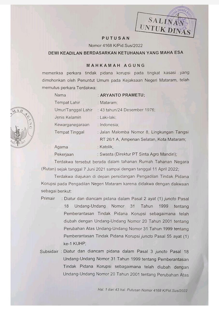 Satgas Mafia Tanah Benteng Jokowi: Terpidana Kasus Korupsi Aryanto Prametu Masih Bebas Berkeliaran