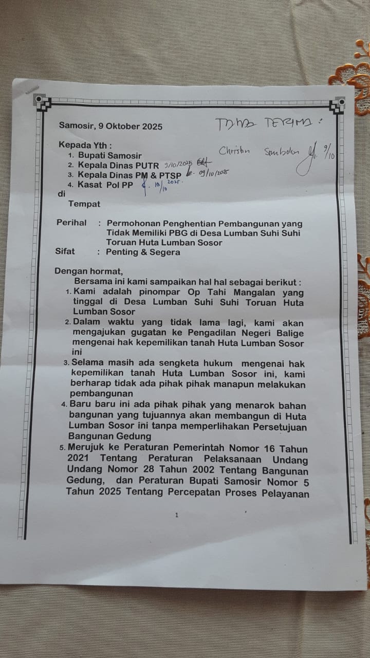 Pinompar Op Tahi Mangalan Simarmata Huta Lumban Sosor Alngit Desa Lumban Suhi Suhi Toruan surati Bupati Samosir agar Tertibkan Pembangunan Rumah Tanpa PBG
