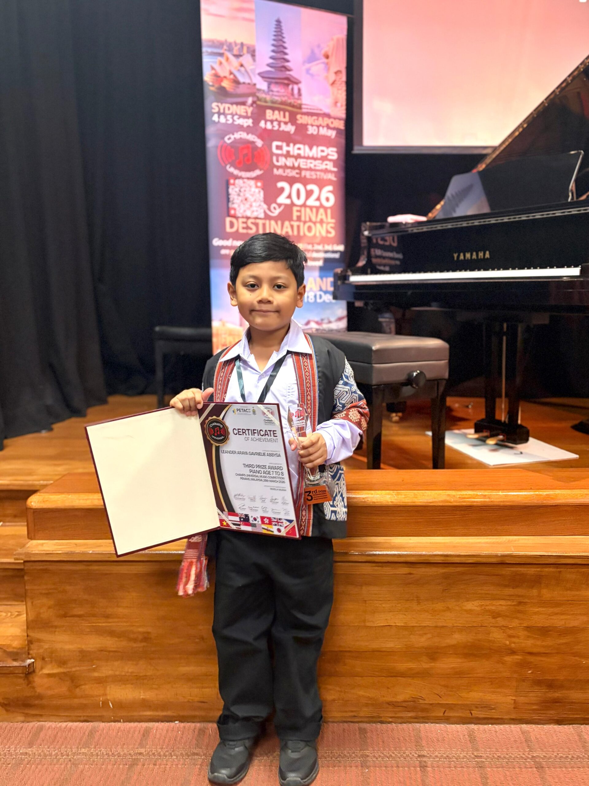 Pianis Cilik Palembang, Leander Araya, Raih Juara 3 di Ajang Internasional CUMF Malaysia 2026