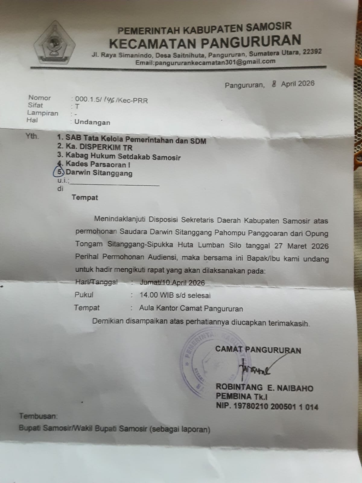 MEWAKILI BUPATI SAMOSIR, SAB RUDI SIAHAAN TERIMA AUDIENSI KETURUNAN SIPUKKA LUMBAN SILO PANGURURAN