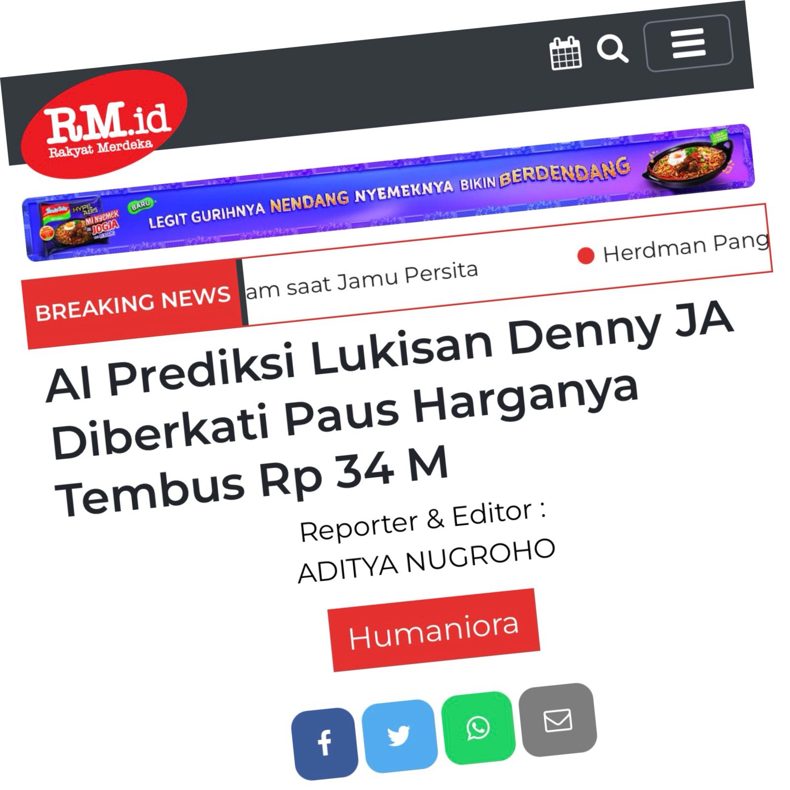 CHATGPT PREDIKSI LUKISAN HISTORIS DENNY JA YANG DIBERKATI PAUS FRANSISKUS DI PINGGIR JALAN SEHARGA 34 MILIAR RUPIAH