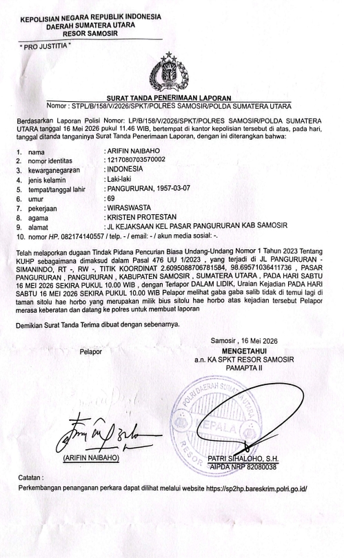 VANDALISME DI TAMAN SITOLU HAE HORBO PANGURURAN, ARIFIN NAIBAHO LAPORKAN KE POLRES SAMOSIR