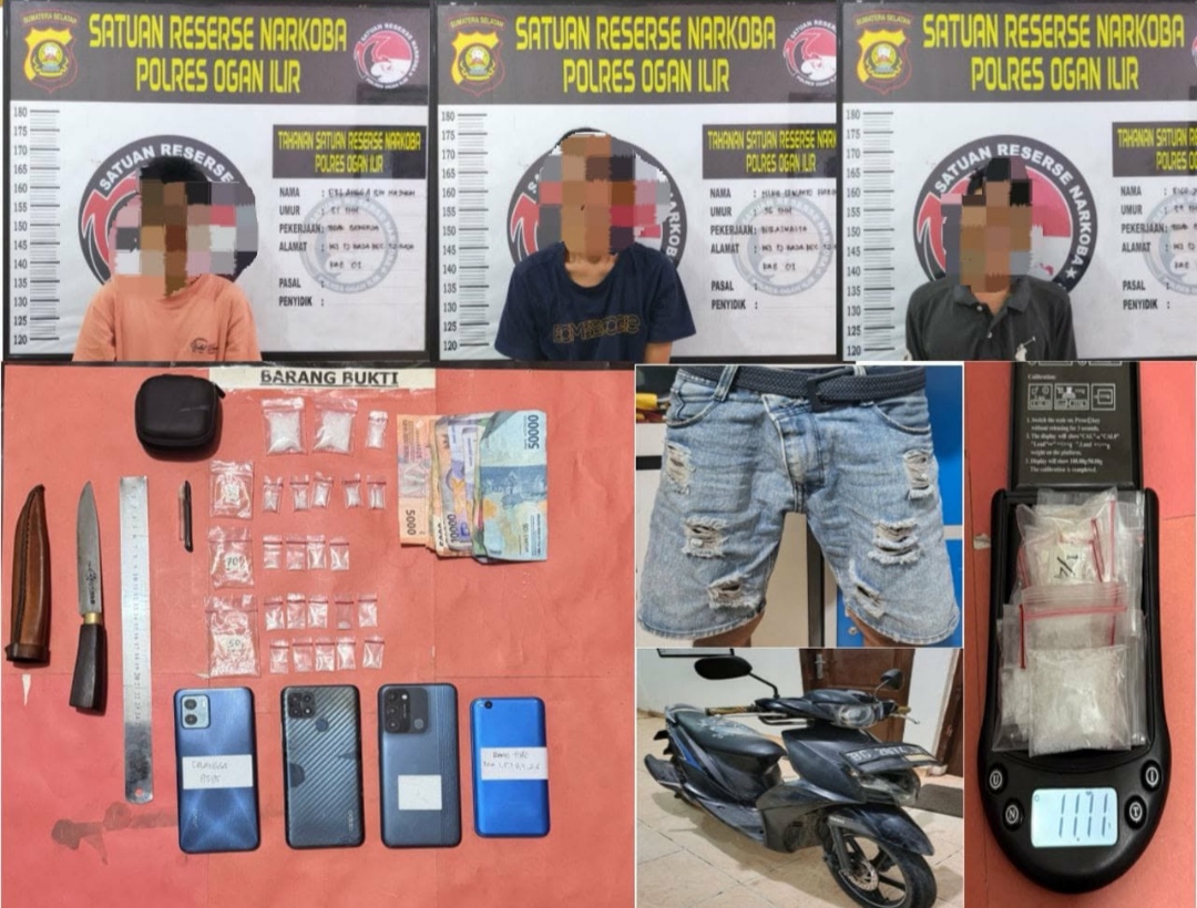 SATRESNARKOBA POLRES OGAN ILIR AMANKAN TIGA TERDUGA PENGEDAR SABU DI TANJUNG RAJA, SATRESNARKOBA POLRES OGAN ILIR AMANKAN TIGA TERDUGA PENGEDAR SABU DI TANJUNG RAJA,
