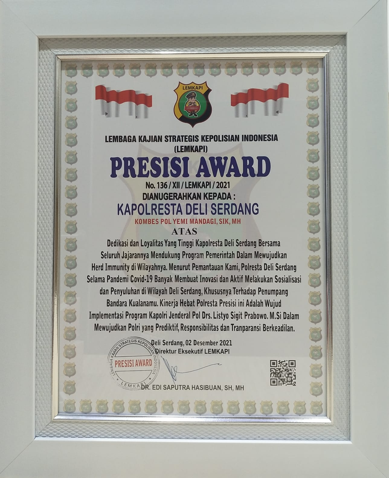 Kombes Pol Yemi Mandagi SIK.MH Dianugerahkan Presisi Award