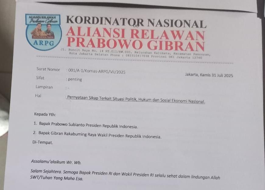 Relawan Prabowo Gibran Kirim Surat Terbuka Kepada Presiden dan Wapres, Terkait Situasi Politik, Hukum dan Sosial Ekonomi Nasional