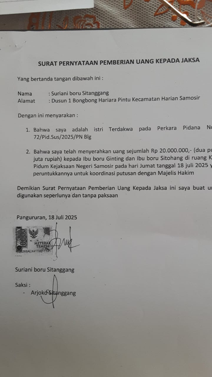 Poltak Situmorang Surati Kepala Kejaksaan Negeri Samosir Pertanyakan Pengembalian Uang 2.5 juta dari JPU T S ?