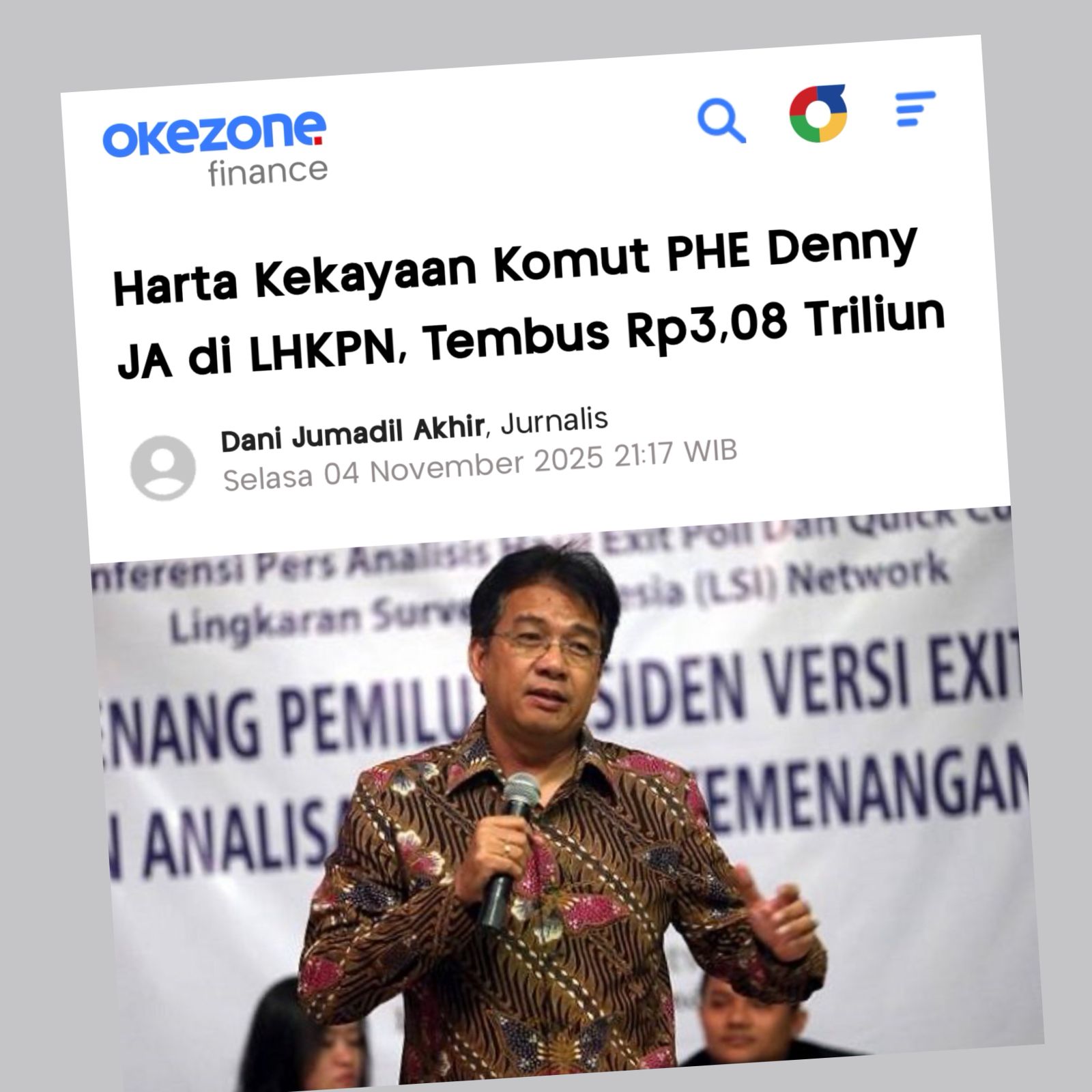 KPK PUBLIKASI HARTA KEKAYAAN DENNY JA, KOMUT PHE, DI LHKPN 3,08 TRILYUN