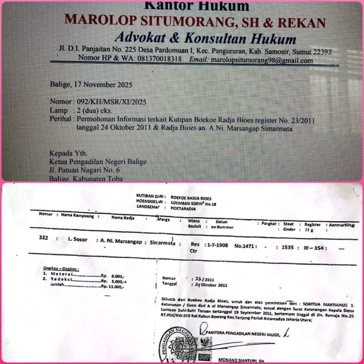 Surati Ketua Pengadilan Negeri Balige, Keturunan Op Tahi Mangalan Simarmata Pertanyakan Terbitnya Surat Keterangan Huta Lumban Sosor di Desa Lumban Suhi Suhi Toruan