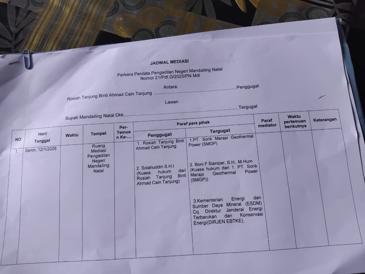 Mediator Non Hakim Tak Hadir, Mediasi Perkara No 21/PdtG/2025/PN Mdl Tak Terlaksana