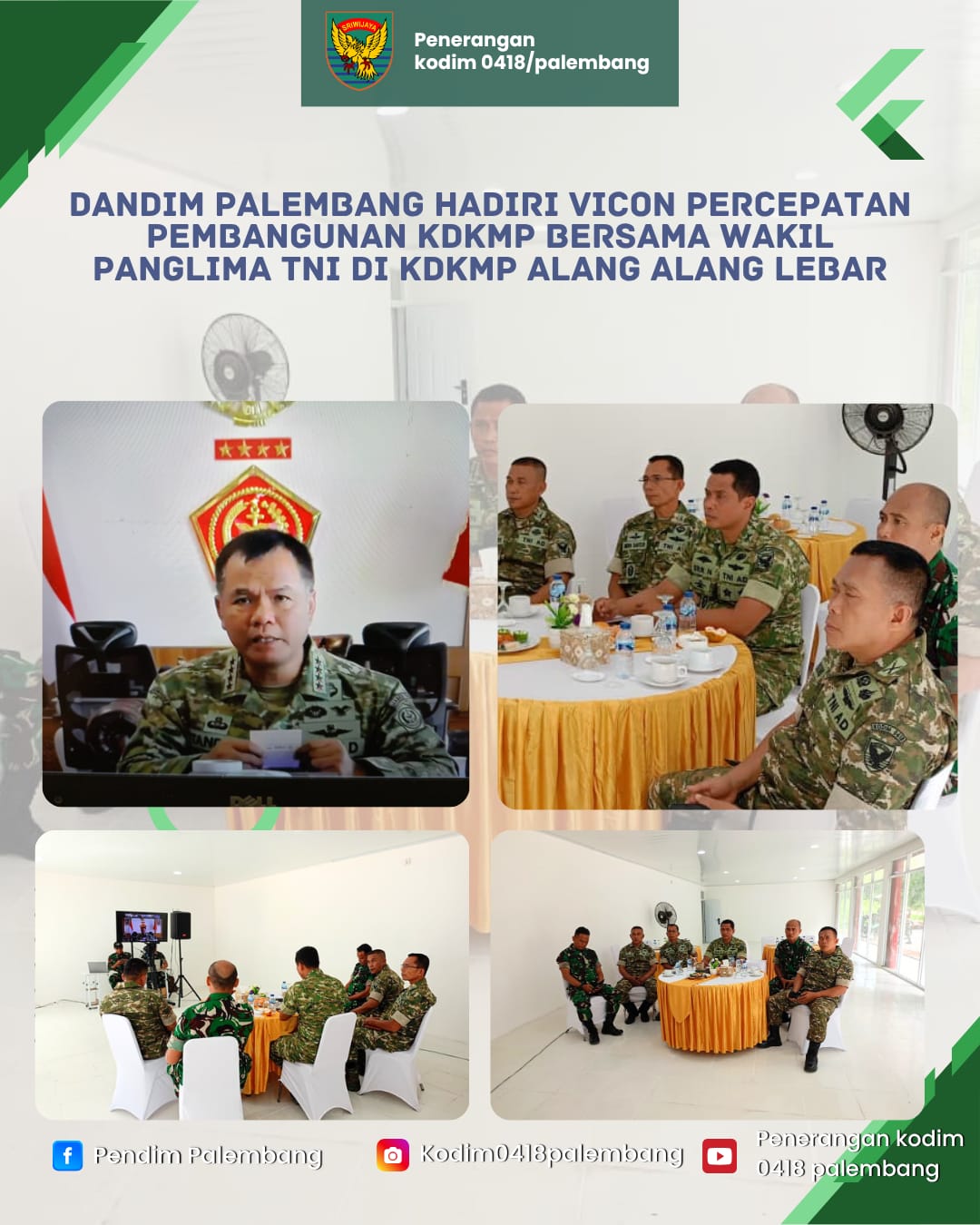 Dandim 0418/Palembang Ikuti Vidcon Percepatan KDKMP Bersama Wapanglima TNI di Palembang