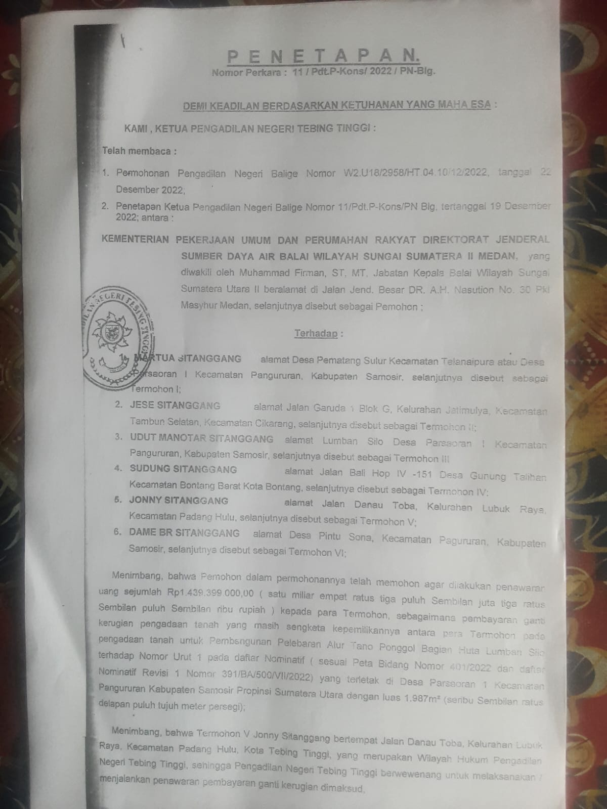 Dilema Sudung Sitanggang Menggugat Penetapan Nomor: 11/Pdt.P-Kons/2022/PN.Blg Karena Harus Juga Menggugat Jonny Sitanggang