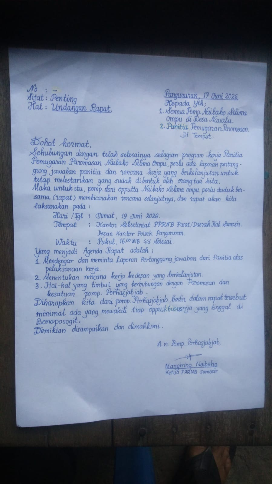 Pembubaran Panitia Pelaksana Pemugaran Paromasan Porhasjapjap (Naibaho si 5 Ompu) di Pangururan Samosir Pembubaran Panitia Pelaksana Pemugaran Paromasan Porhasjapjap (Naibaho si 5 Ompu) di Pangururan Samosir