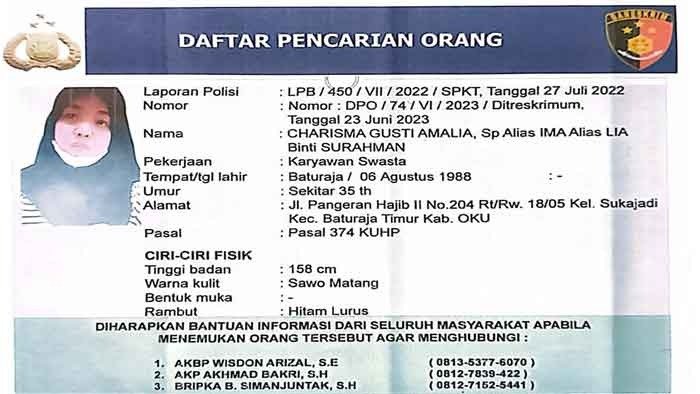 Polda Sumsel Kejar Charisma Gusti Amalia Pelaku Penggelapan Uang 215 Juta Milik PT WIT