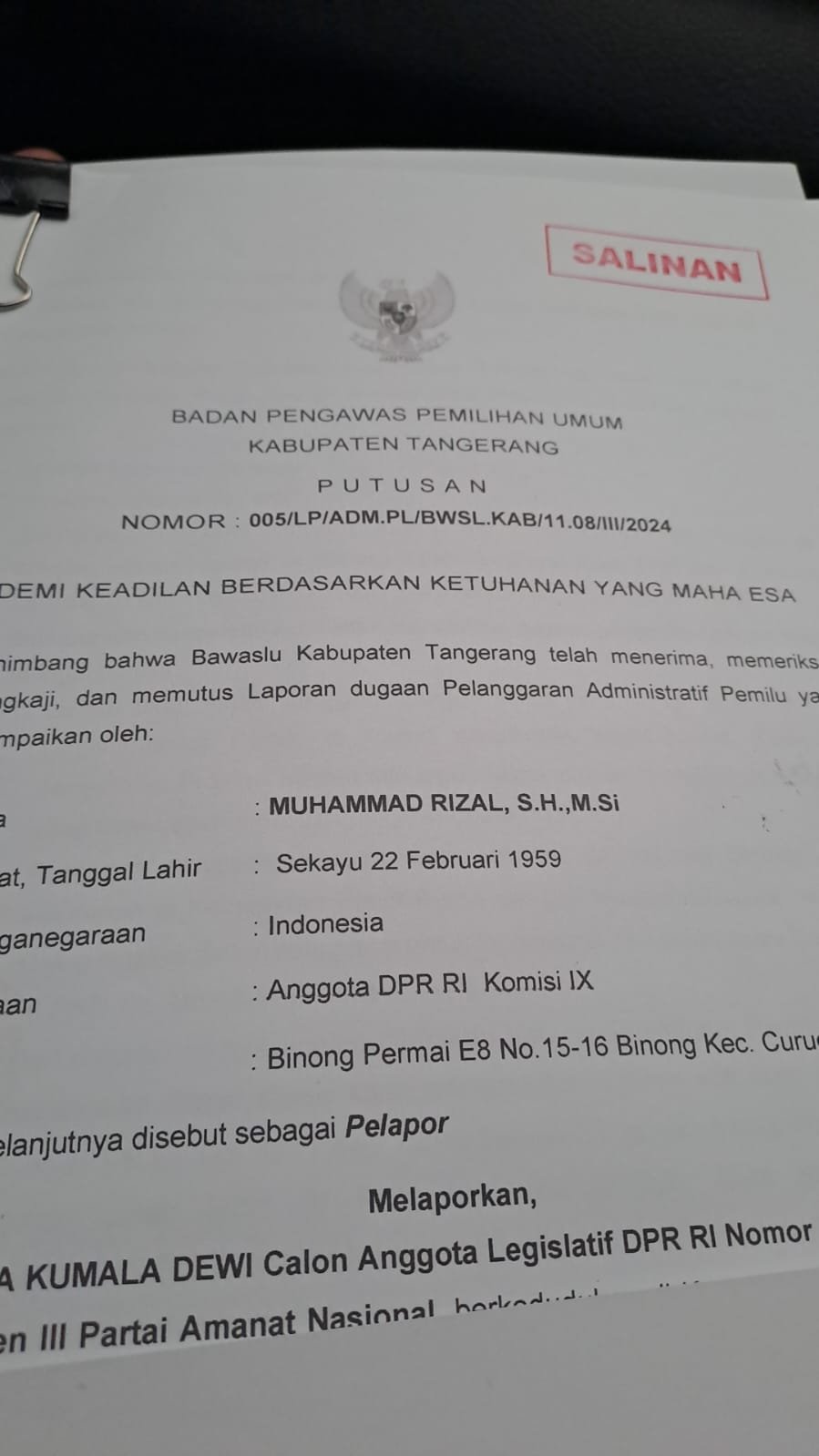 Bawaslu Kabupaten Tangerang: Laporan M. Rizal Caleg PAN Tidak Terbukti