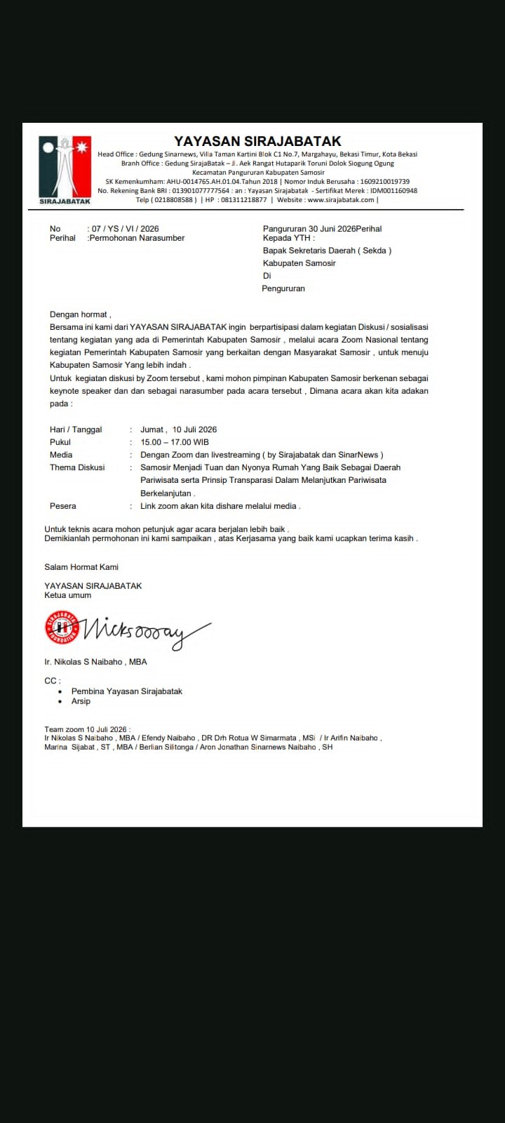 Nikolas Naibaho & Aron Naibaho Akan Adakan Zoom Meeting Bersama Masyarakat Untuk Kemajuan Pariwisata di Samosir
