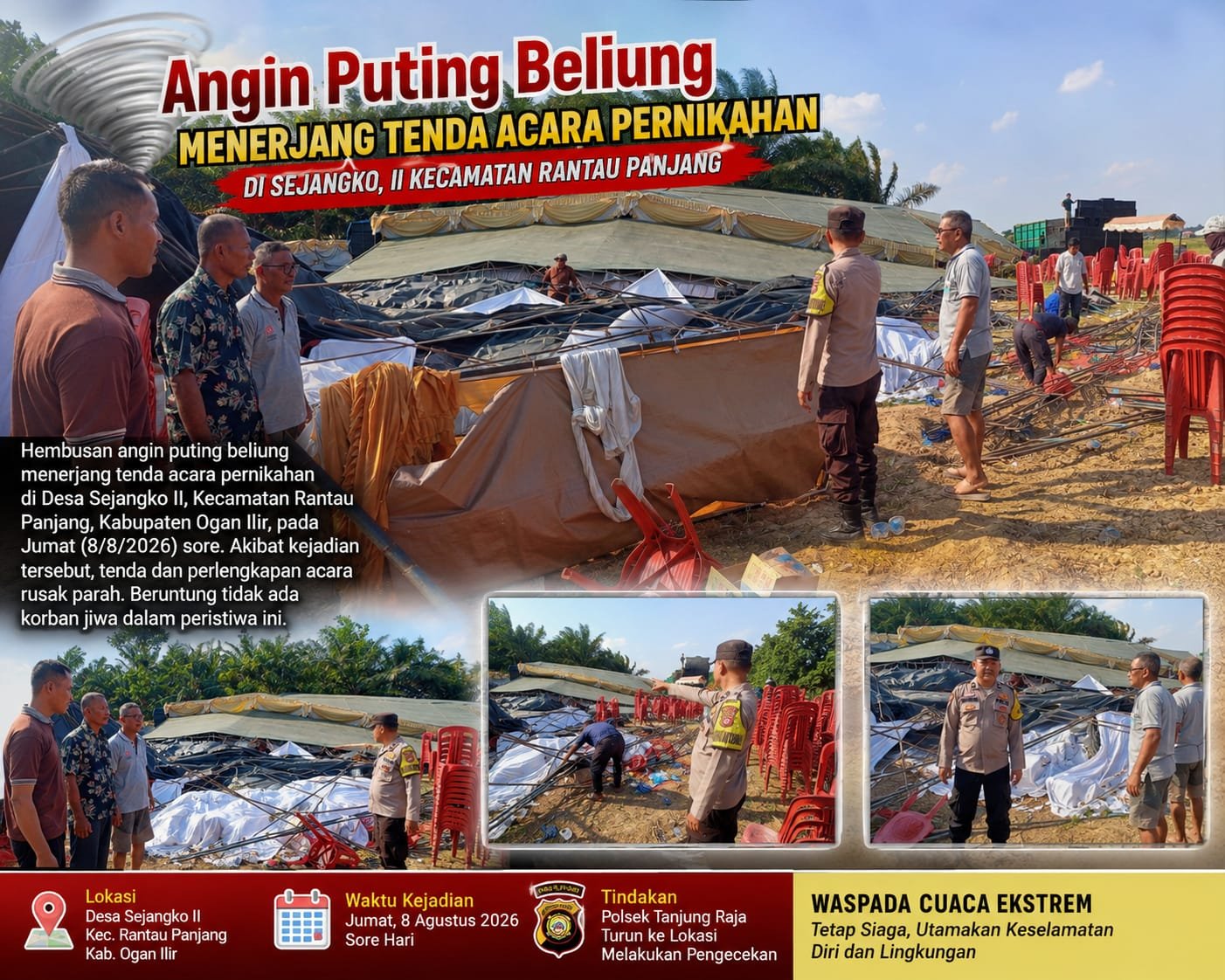 Angin Kencang Robohkan Sebagian Tenda Resepsi di Sejangko II, Nihil Korban Jiwa