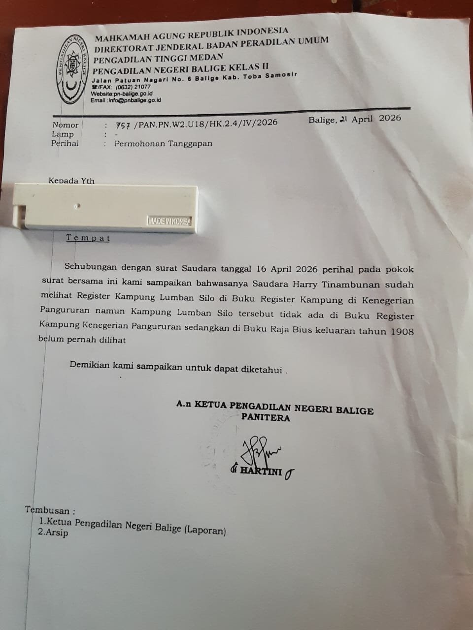 Surat Resmi PN Balige: Nama Lumban Silo Tak Ada dalam Buku Register Kampung Masa Kolonial, Dokumen Raja Bius 1908 Belum Pernah Ditemukan Surat Resmi PN Balige: Nama Lumban Silo Tak Ada dalam Buku Register Kampung Masa Kolonial, Dokumen Raja Bius 1908 Belum Pernah Ditemukan
