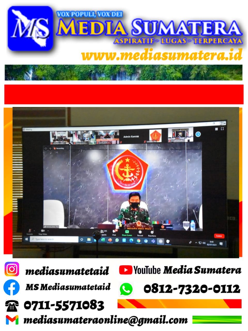 Danrem 044/Gapo Mengikuti Rakor Vicon Panglima TNI Investasi Tentang Penguatan PPKM Darurat di Wilayah Jawa Dan Bali