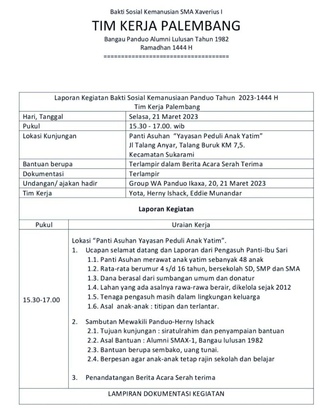 Dalam Rangka menyambut Idul Fitri 1444 H Ikatan Alumni angkatan 1982 Xaverius 1 PANDUO mengadakan Bakti Sosial