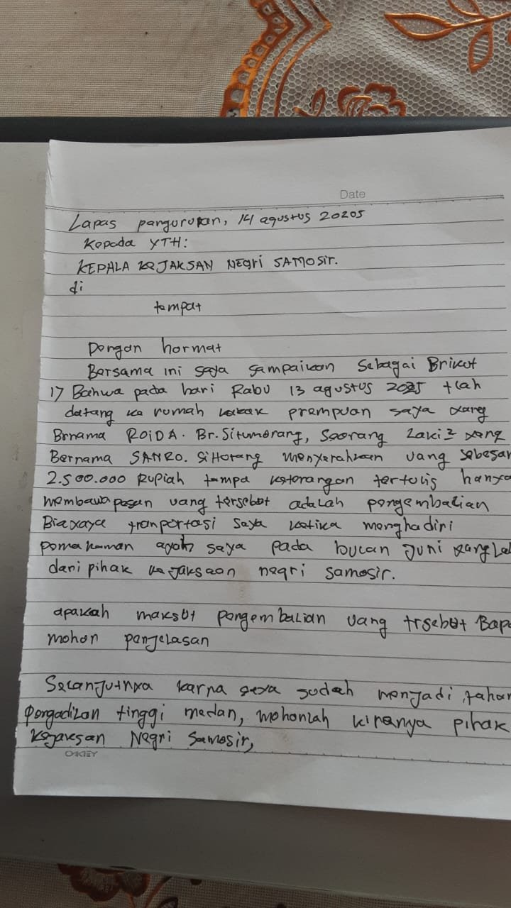 Poltak Situmorang Surati Kepala Kejaksaan Negeri Samosir Pertanyakan Pengembalian Uang 2.5 juta dari JPU T S ? Poltak Situmorang Surati Kepala Kejaksaan Negeri Samosir Pertanyakan Pengembalian Uang 2.5 juta dari JPU T S ?