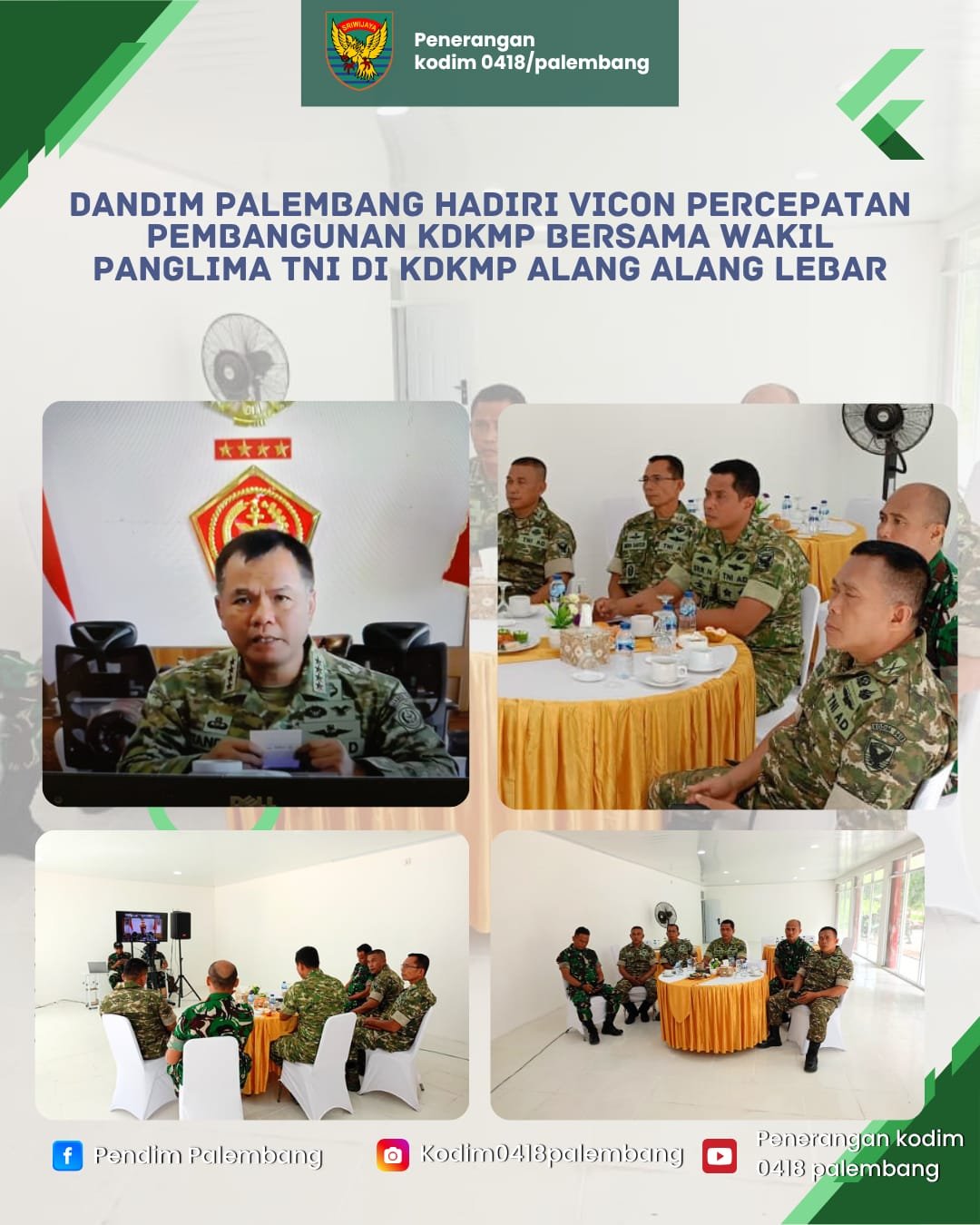 Dandim 0418/Palembang Ikuti Vidcon Percepatan KDKMP Bersama Wapanglima TNI di Palembang