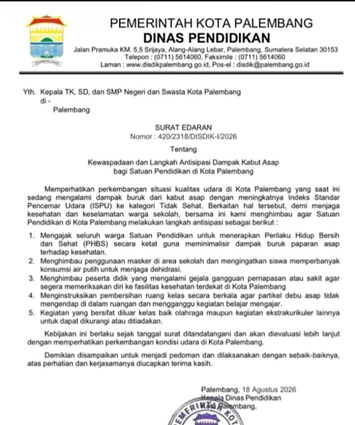 Kualitas Udara Memburuk akibat Karhutla, Pemkot Palembang Kaji Wacana Libur Sekolah, Evaluasi CFD, dan Siapkan 10 Ribu Masker Gratis Kualitas Udara Memburuk akibat Karhutla, Pemkot Palembang Kaji Wacana Libur Sekolah, Evaluasi CFD, dan Siapkan 10 Ribu Masker Gratis