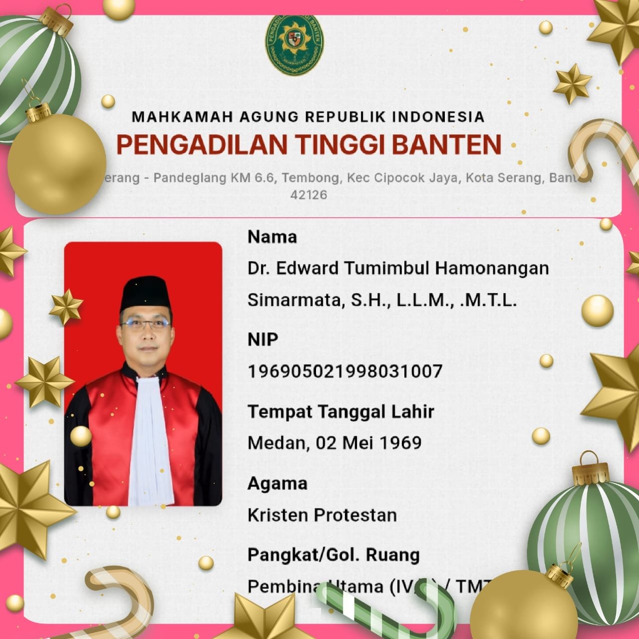 Dr Edward Tumimbul Hamonangan Simarmata SH MTL LLM, Hakim Tinggi PT Banten dengan Jejak Panjang di Lingkungan Mahkamah Agung Dr Edward Tumimbul Hamonangan Simarmata SH MTL LLM, Hakim Tinggi PT Banten dengan Jejak Panjang di Lingkungan Mahkamah Agung