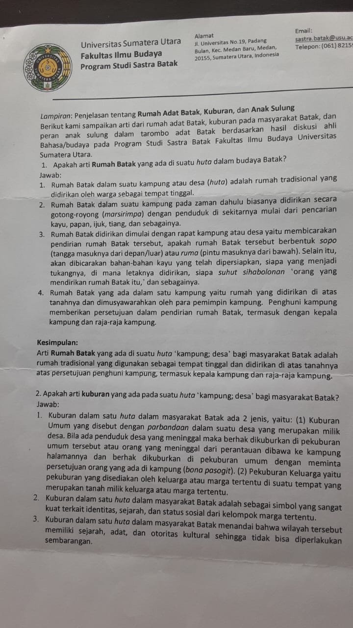 Rotua Wendeilyna Simarmata, Yuk Simak, Makna Rumah Adat, Kuburan, dan Peran Anak Sulung dalam Adat Batak Menurut Kajian Sastra Batak USU