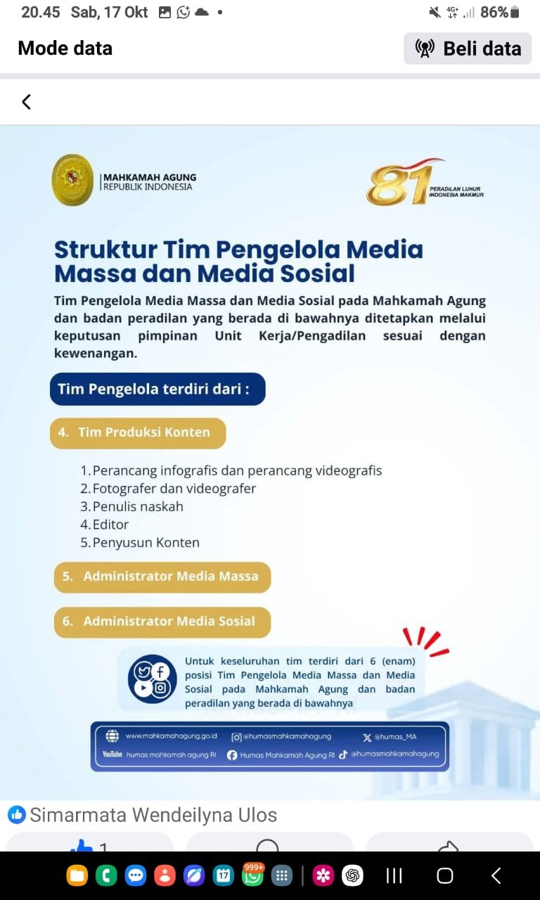 R Wendeilyna Simarmata, Yuk Simak, MA Terbitkan SK Pedoman Media Massa dan Media Sosial, Jaga Transparansi serta Independensi Peradilan R Wendeilyna Simarmata, Yuk Simak, MA Terbitkan SK Pedoman Media Massa dan Media Sosial, Jaga Transparansi serta Independensi Peradilan